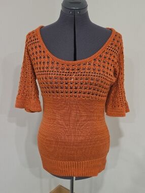 Studio Y Open-Knit Scoop Neck Pullover - Burnt Orange